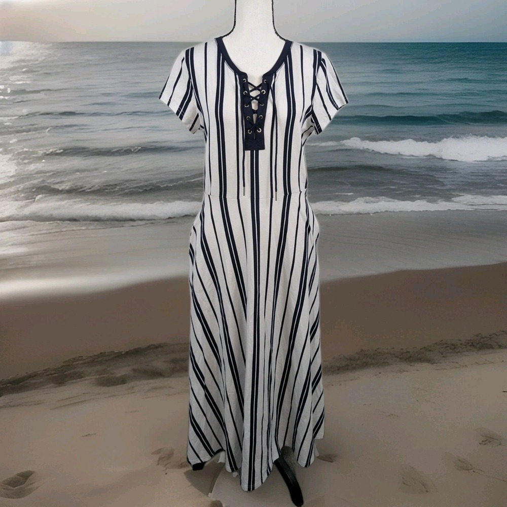 Chaps Maxi Dress Lace Up Stripe Small Nautical Preppy Beach Coastal Boho 2863